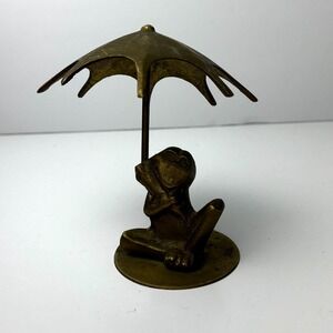Vintage Brass Frogs Sitting Under Umbrella 1980s Trinket Solid Figurine